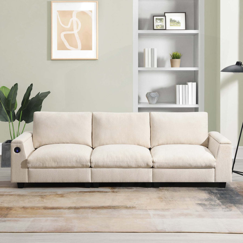 Chenille Sectional Sofa with Bluetooth Speaker,Comfy Cloud Couch Set with Drop Down Table, Beige