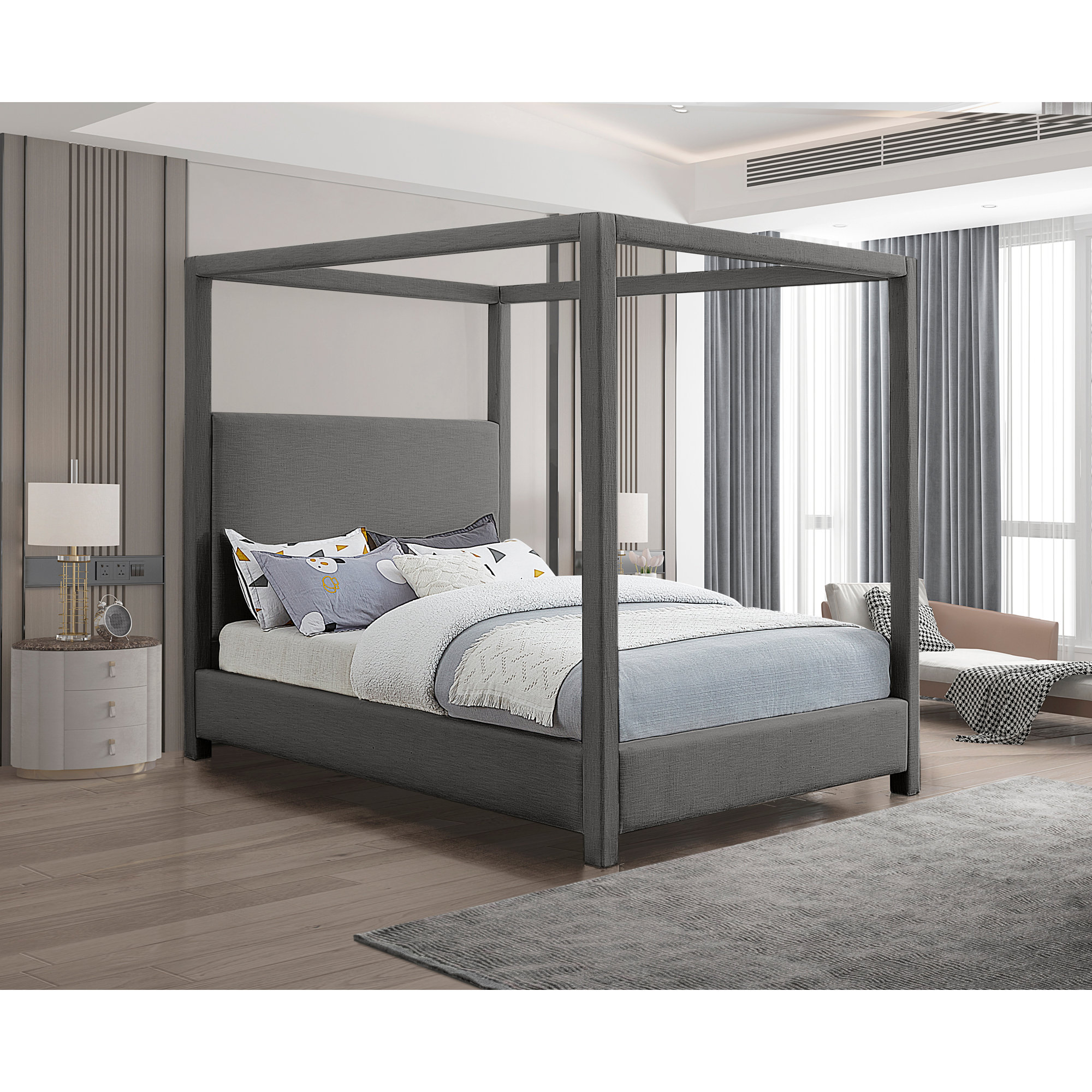 Upholstered Canopy Bed, Queen, Bed Grey Linen