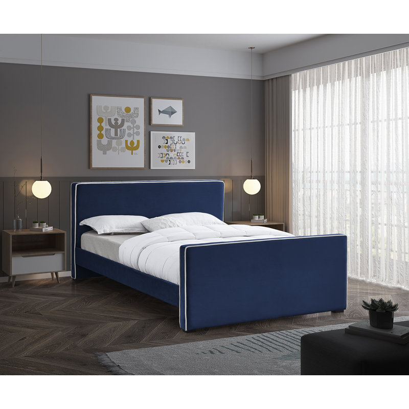 Haneesh Upholstered Unfinished Panel Bed, Full, Navy Velvet