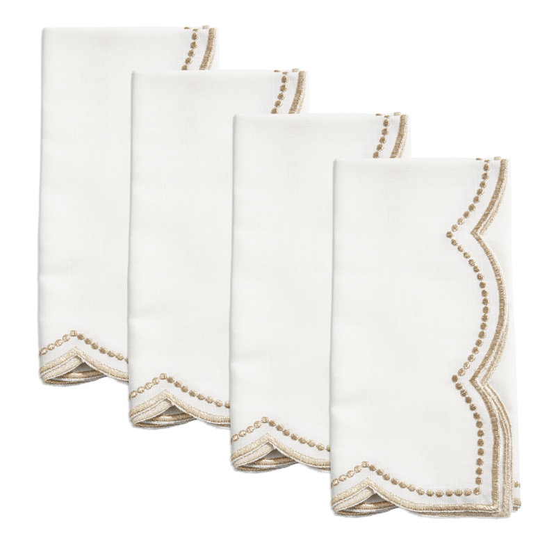 Serviette de table brodée à pois avec bordure festonnée (ensemble de 4), Blanc / or