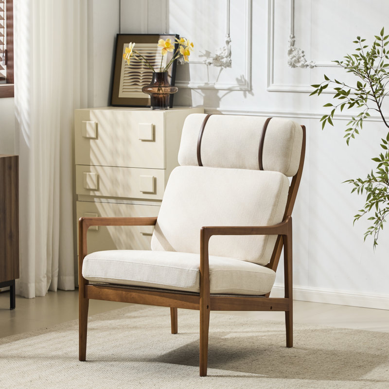Chaise d'appoint Mid-Century moderne avec structure en bois massif et revêtement beige. Confortable pour se détendre dans le salon, la chambre à coucher ou le bureau. Simple à nettoyer. 37,84 lb, structure de fauteuil d'une profondeur de 25,83 po, hauteur