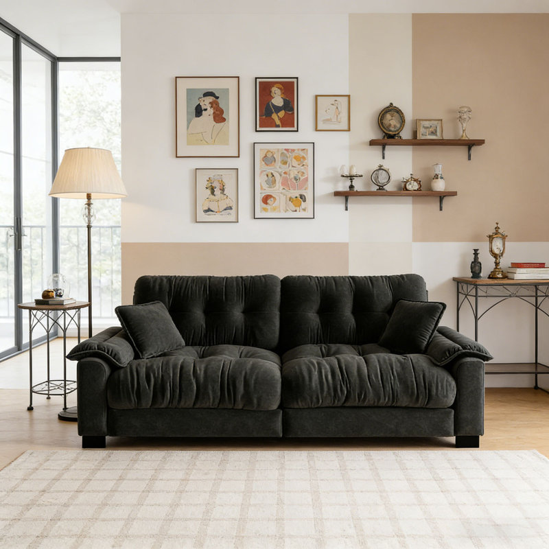 Canapé moderne plissé en chenille 3 places 94 po, Noir