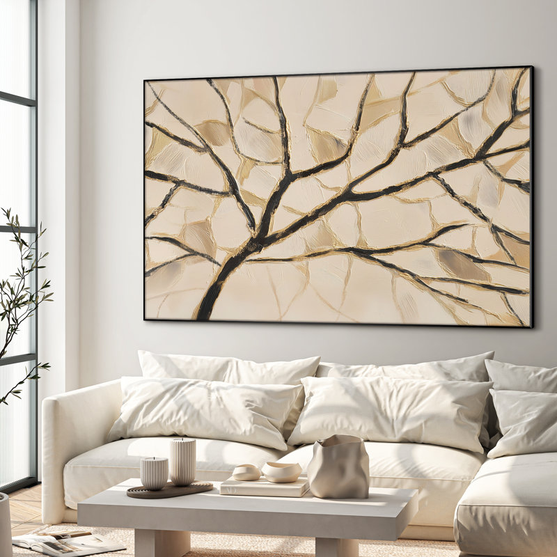 Très grand art mural imprimé sur toile - Branche dorée et noire sur fond neutre, décoration pour salon ou chambre à coucher - «Assemblage requis du cadre (cadre non fini)»