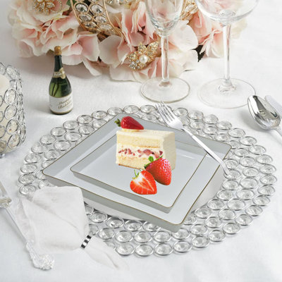 Transparent White  with Gold Rim Square 10.75 Inches Plastic Dinner Plates