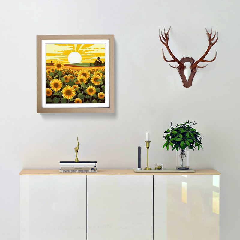 Sunflower Field Graphic Art - Framed Print, Oak