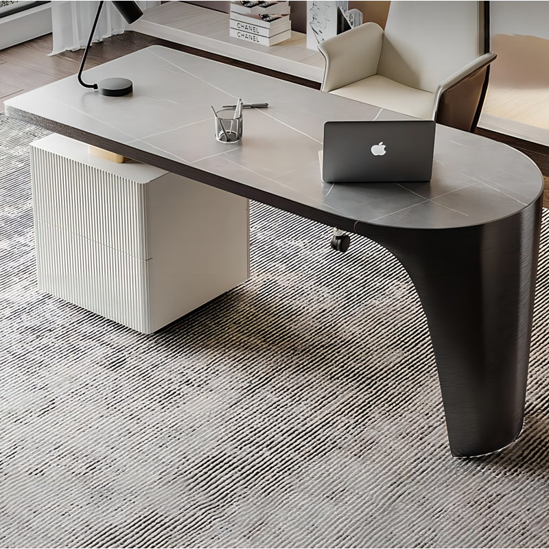 Gray Half-circle Sintered Stone Stainless Steel Desk,2-drawr, 29.53" H x 70.87" W x 27.56" D