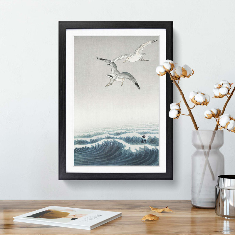 Three Seagulls by Ohara Koson - Picture Frame Painting Print on MDF, Black Framed, 48cm H x 36cm W x 2cm D
