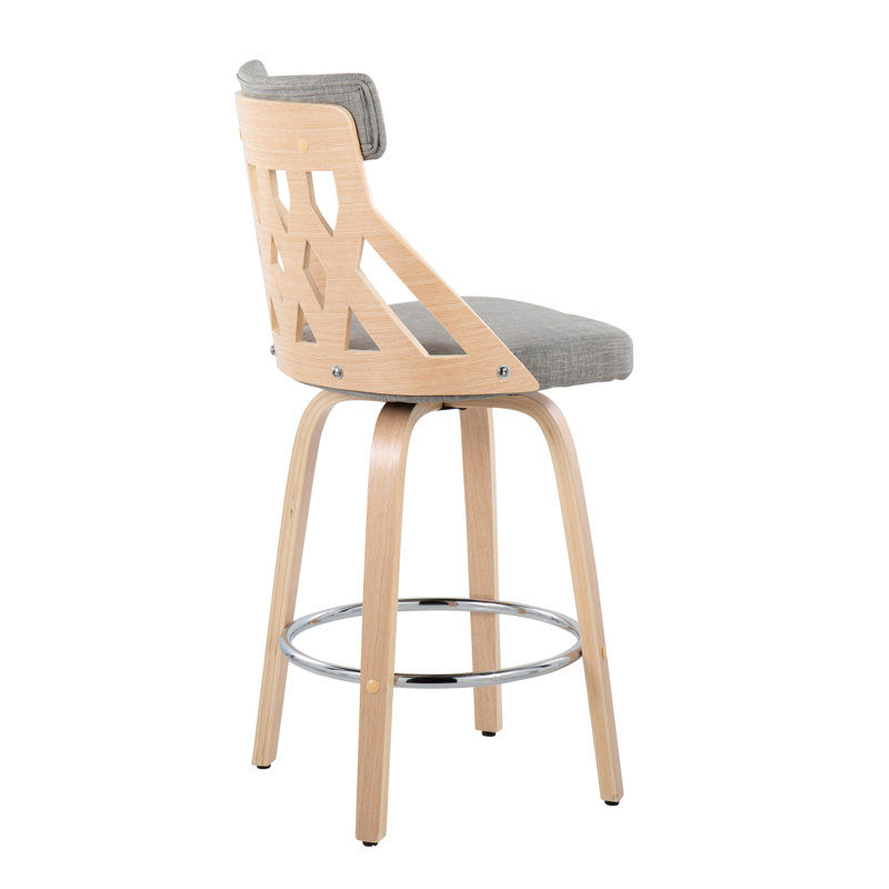 Tabouret de comptoir Mid-Century moderne de 26 po en bois naturel et tissu gris clair avec repose-pieds chromé By