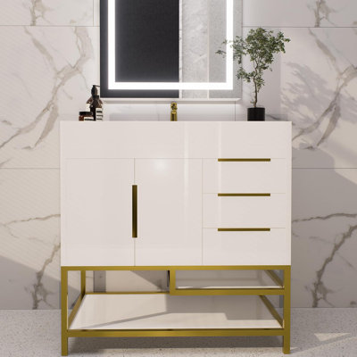 Ensemble de meuble-lavabo 30 po avec lavabo en acrylique - Armoire de rangement en bois massif avec porte à fermeture douce et 3 tiroirs