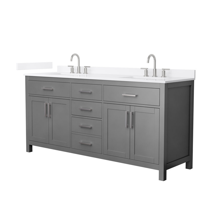 Meuble-lavabo double autoportant 72 po avec plateau en quartz Beckett, Gris foncé, Nickel brossé, Quartz blanc
