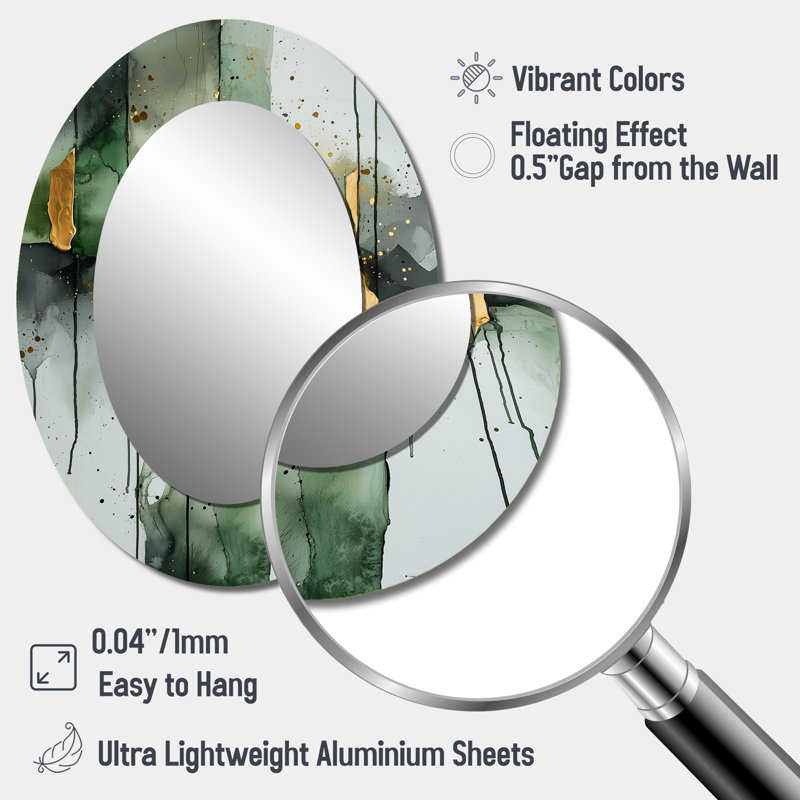 Gold Green Ethereal Optical Currents III - Gold Modern Oval Wall Mirror, 40" x 30"