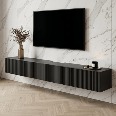 47" Wide Fully Assembled Floating Tv Stand With Fluted Front And 2 Drawers, Black