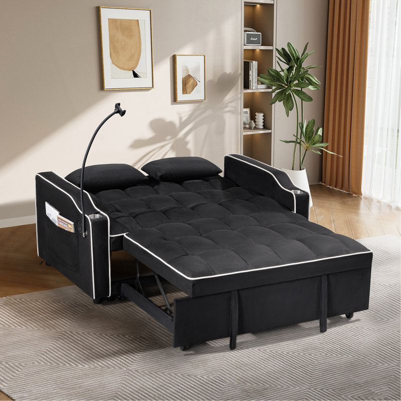 1 canapé-lit pliable multifonctionnel en 3 longueurs différentes, canapé moderne, tissu en suède amélioré, dossier réglable, avec port USB, cendrier et support de téléphone rotatif