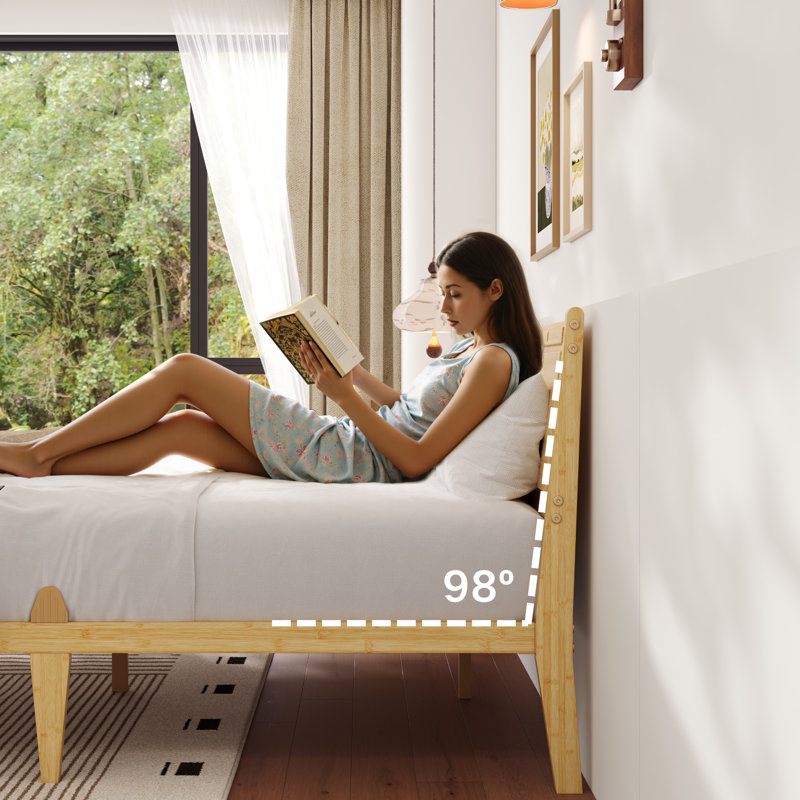 14 Inch Natural Bamboo Twin XL Size Bed Frame, Warm Tone Modern Style Heavy-Duty Platform Bed with 98° Ergonomic Angled Headboard, Squeak-Free, No Box Spring Needed
