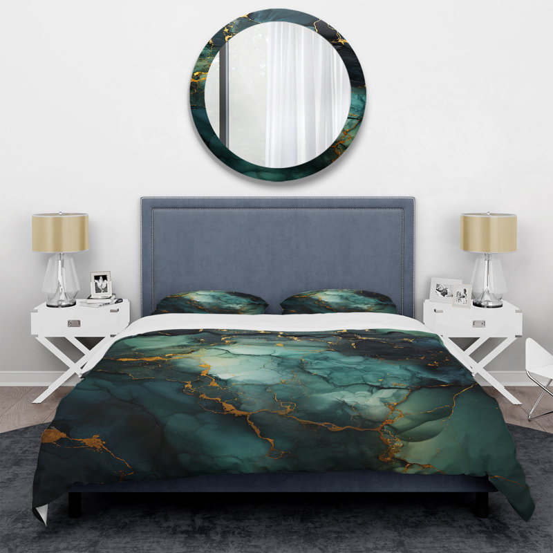 Ensemble de housse de couette en marbre abstrait doré et vert III, Housse de couette pour grand lit et 2 taies décor