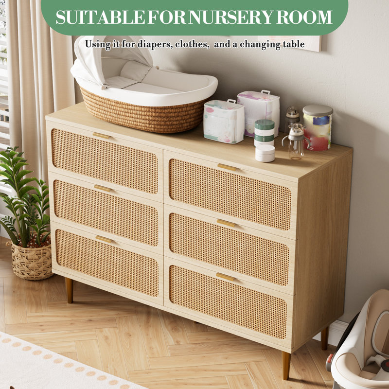 Commode large en bois jaune avec commode 6 tiroirs moderne en rotin de 47 pouces avec rangement profond et accent tissé Boho