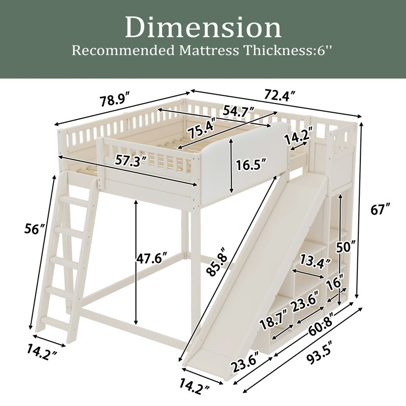 Lit mezzanine avec tête de lit tapissier et tablettes de rangement, complet avec échelle et glissade, Beige, Complète