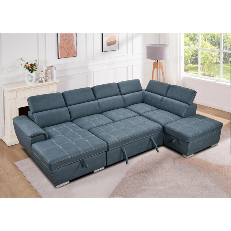 Canapé modulaire en U modulaire réversible avec repose-pieds et canapé de rangement 128 po Modern, Tissu bleu