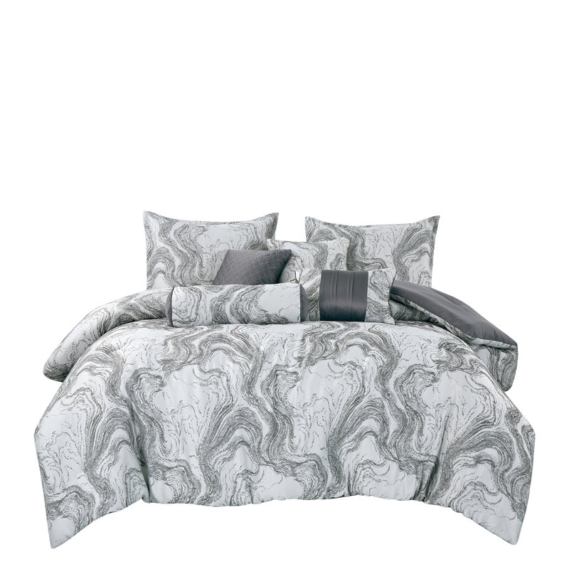 Ensemble d'édredon 7 pièces Emest Luxury, Grand édredon et 6 pièces supplémentaires, Gris / marbre blanc
