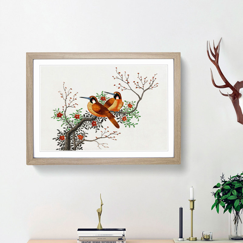 Two Birds on a Flowering Tree - Framed Print, 27cm H x 36cm W x 2cm D, Oak Framed