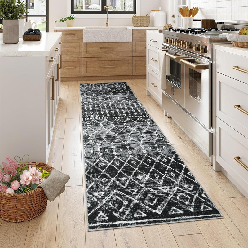 Tapis lavable moderne à motif géométrique Tribal, Noir, Tapis de couloir 2 pi x 6 pi