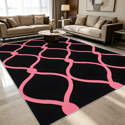 Tapis à motif géométrique en treillis rose et noir de 1 pièce pour le salon, doux et confortable, adapté à toutes les saisons, facile à entretenir, lavable à la machine, tapis de dessous de table convenant à la salle à manger, à la chambre à coucher, au vestibule, au bureau personnel,