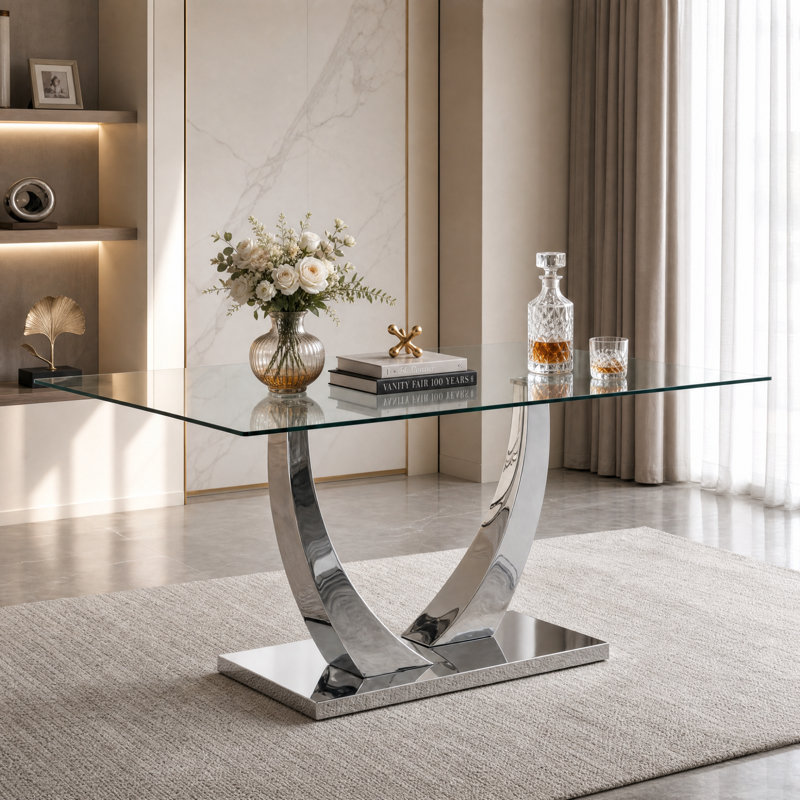 Plouffe Rectangular 63'' L Mid-Century Modern  Dining Table, Silver, 30.1"H x 62.8''L x 35.43''W