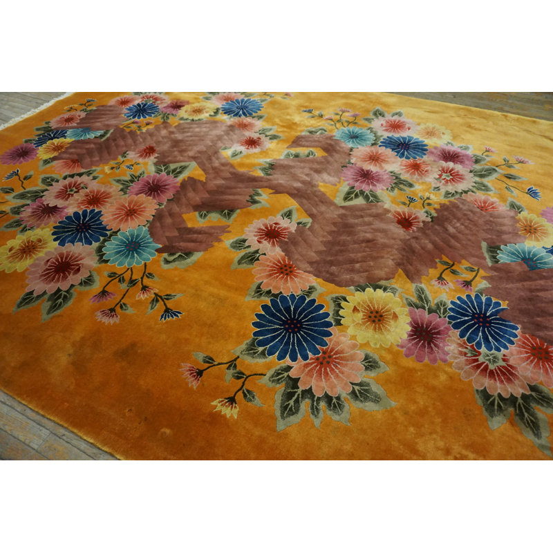 Chinese Knotted Rectangle - Art Deco Yellow Wool 1930s Antique Room Size Rug