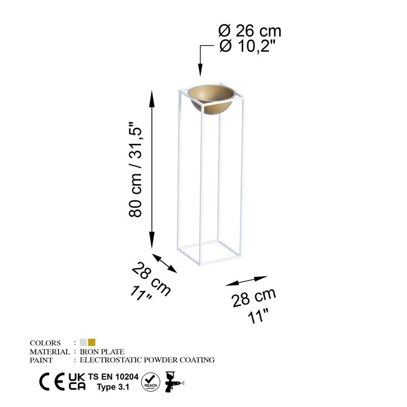 Élégant pot décoratif, blanc et or, 10,2 po x 31,5 po | Fabrication 100% métal, poids léger de 4,0 lb | Parfait pour la décoration intérieure, les plantes d'intérieur et les décorations élégantes, aucune installation requise