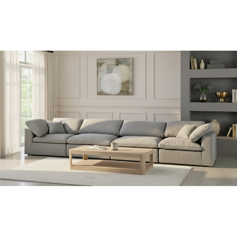 Canapé modulaire à accoudoirs carrés avec coussins réversibles Burrows, Tissu gris texturé en lin