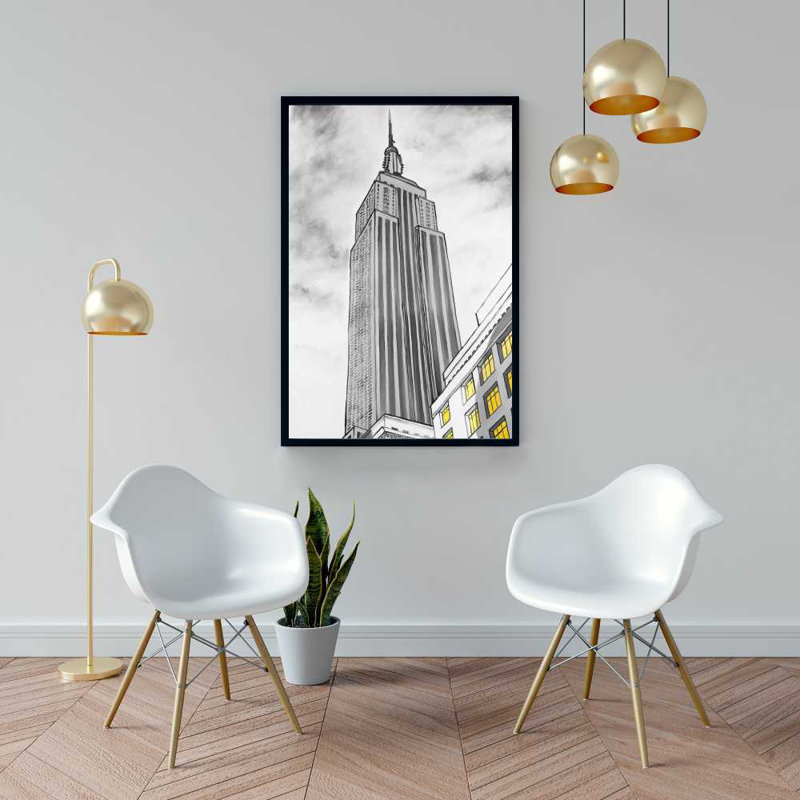 Empire State Building Outline Gray Framed Canvas - Home Decor