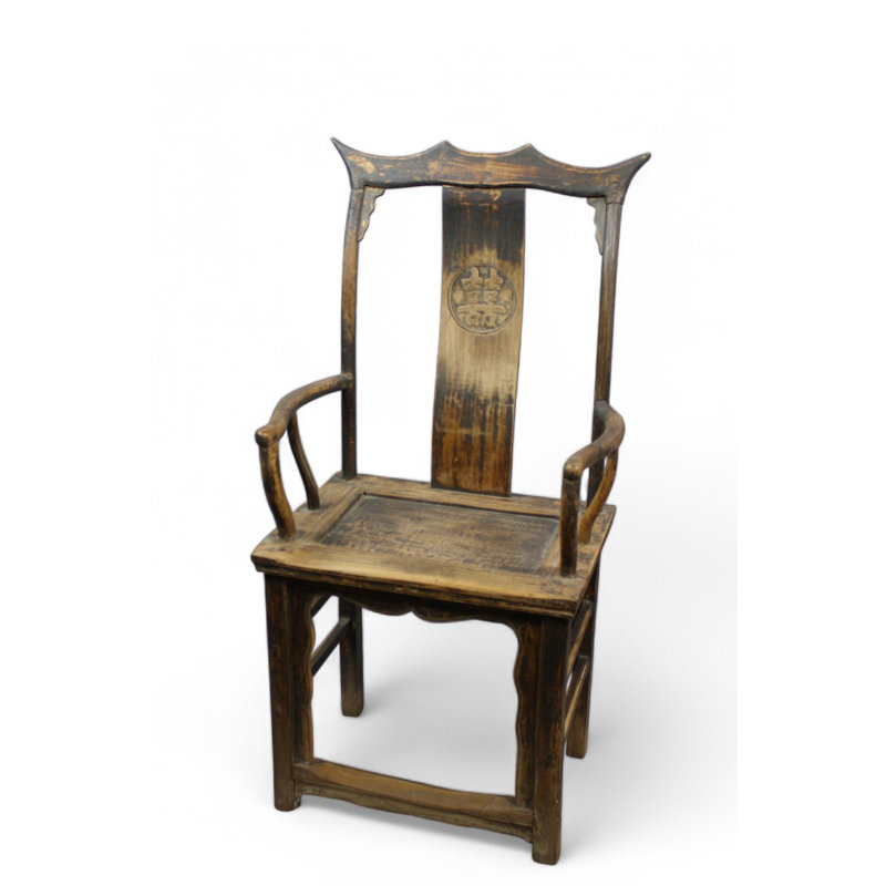 Chaise avec accoudoirs antique à haut dossier et double bonheur