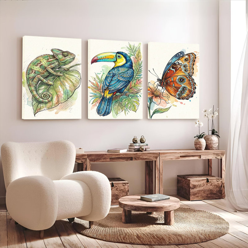 Caméléon, toucan et papillon, art mural sur toile tendue, ensemble de 3 animaux tropicaux, H 30 po x l 60 po