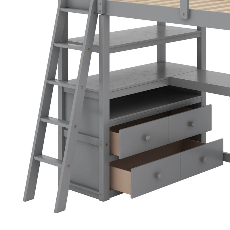 Lit mezzanine avec bureau et tablettes, Gris, Lit simple