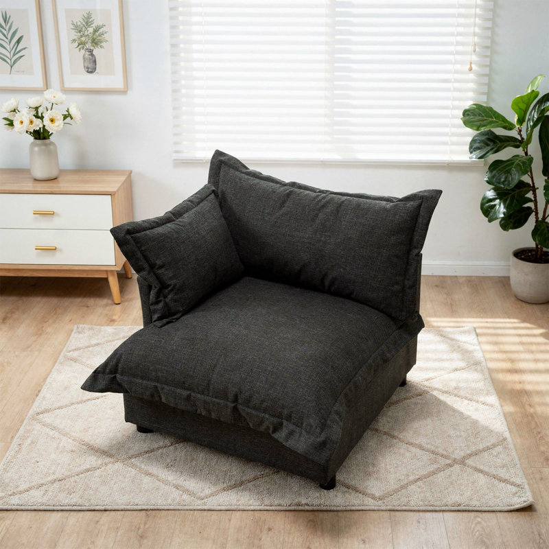 Plush Dark Grey Upholstered Chenille Accent Chair with Oversized Cloud Cushions, Dark Grey