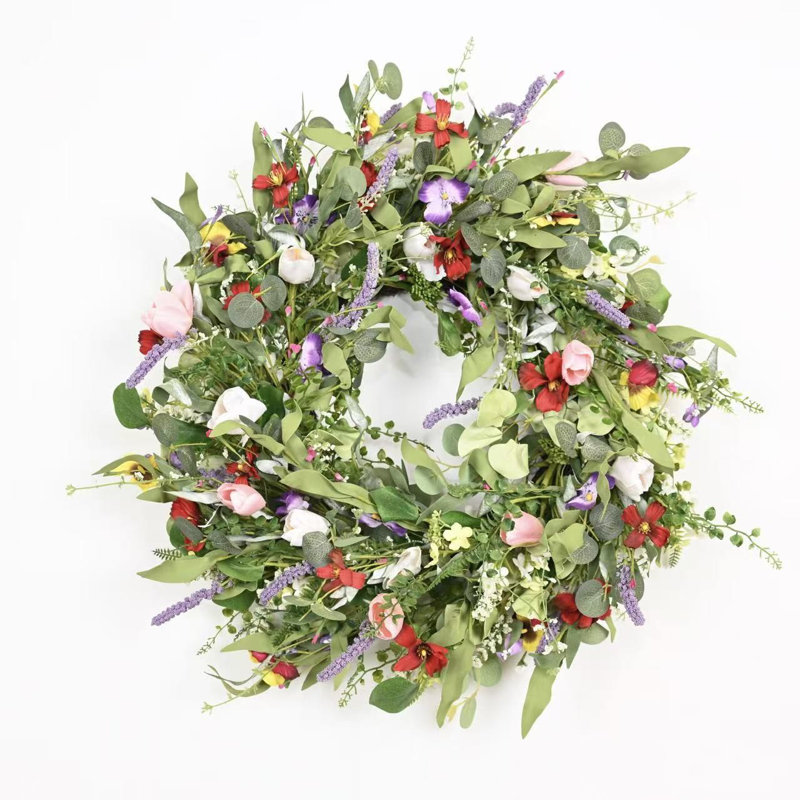 Couronne florale 24 po avec des tulipes mélangées lavande, eucalyptus, baies, printemps et été pour porte d'entrée