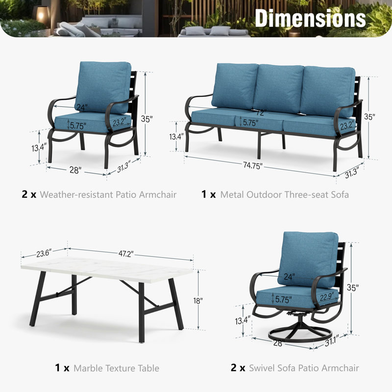 Tapasi Outdoor Patio Conversation Furniture Set, Denim Blue