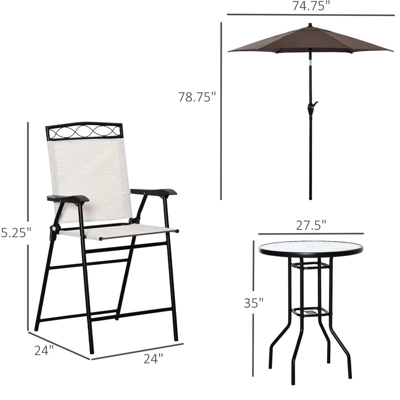 Outdoor Patio Dining - 4 Piece. 2 Foldable Chairs, Adjustable Umbrella, Tempered Glass Table In Beige. Enhance Your Deck, Poolside, Garden. Strong Steel & Quick-drying Mesh Piece . Folding Table.