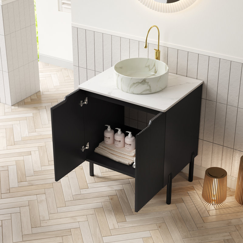 Meuble-lavabo de 24 po Fael avec comptoir en pierre frittée et lavabo en céramique Fael, Rond blanc