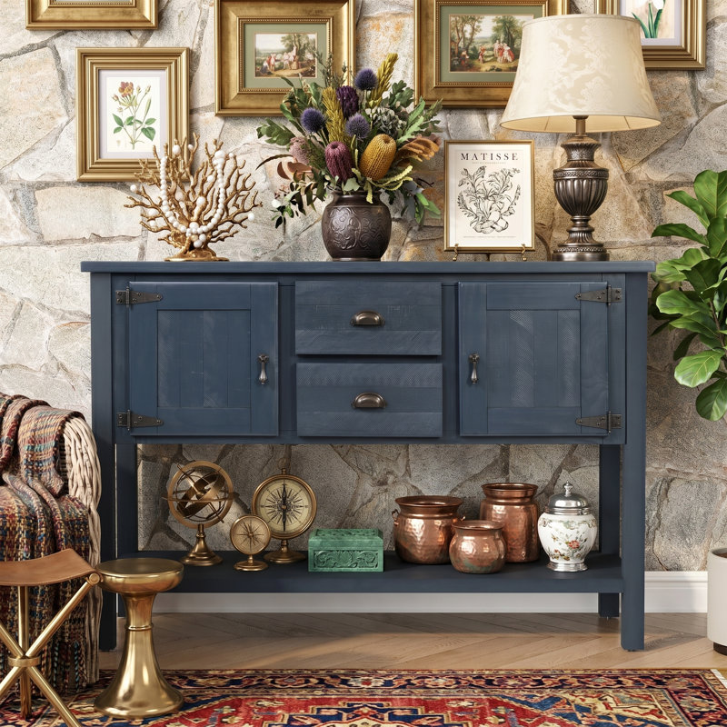 Buffet 48 po en bois massif espresso avec console 2 tiroirs et 2 portes avec tablette inférieure ouverte, Navy Blue