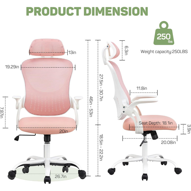 Chaise de bureau ergonomique, chaises de bureau pivotantes en filet à haut dossier avec accoudoirs réglables avec accoudoirs rabattables, roulettes de soutien lombaire confortables, pour la maison, le travail, le bureau