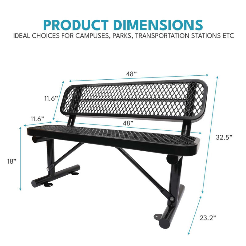 4 FT Outdoor Steel Bench With Backrest For Public Spaces, 32.53" H x 48.03" W x 23.23" D, Black