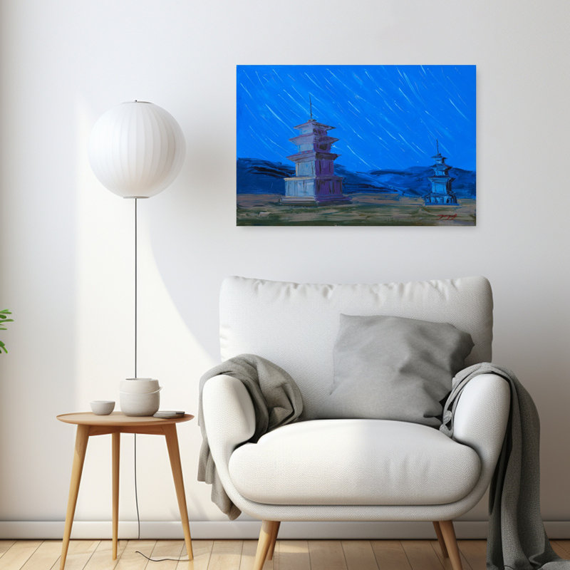 Ancienne Pagode, ciel nocturne, architecture mystique sereine, paysage dramatique, H 24 po x l 36 po
