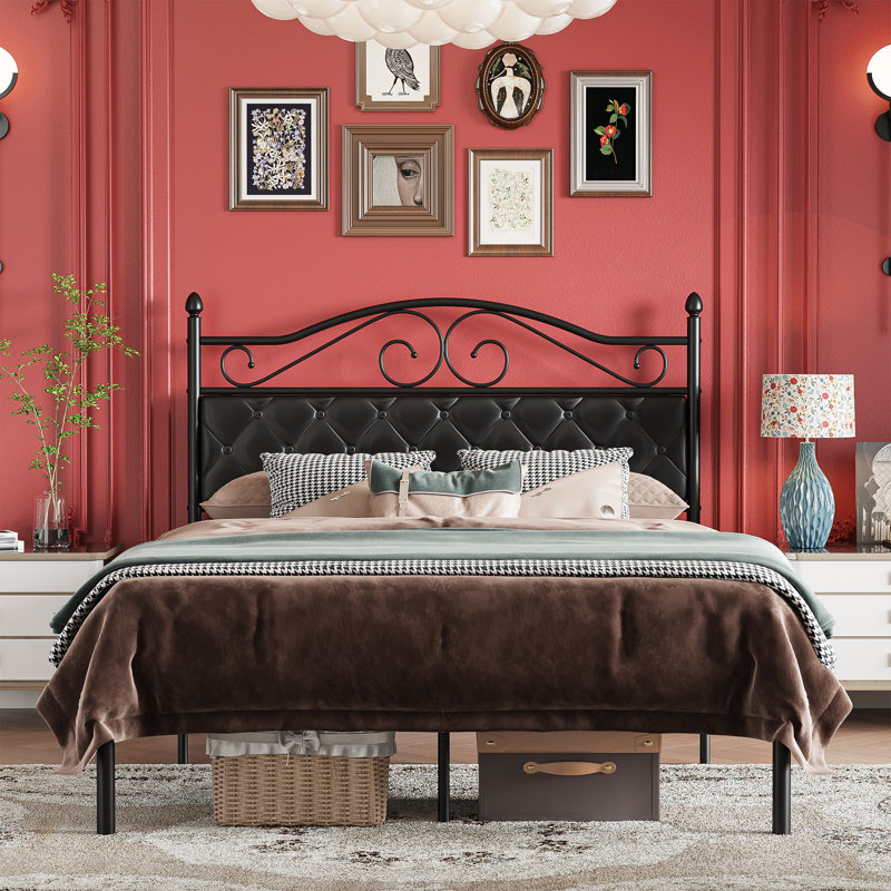 Vintage Metal Platform Bed With Premium Leather Headboard, Queen