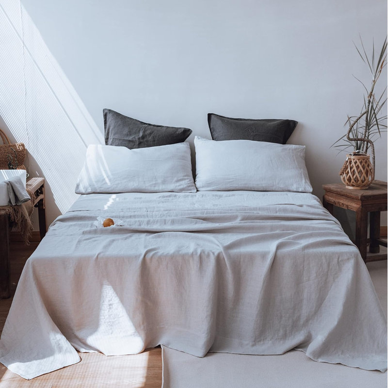 Simple&Opulence 100% Linen Sheet Set, King Sheet Set with 2 Pillowcases, Light Gray