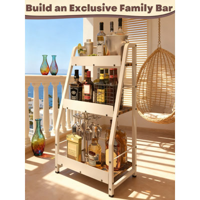 3-Tier Freestanding Liquor Display Shelf With Protective Fences, Stepped Trapezoid Design For Whisky Bottles, Cocktail Shakers And Bar Accessories