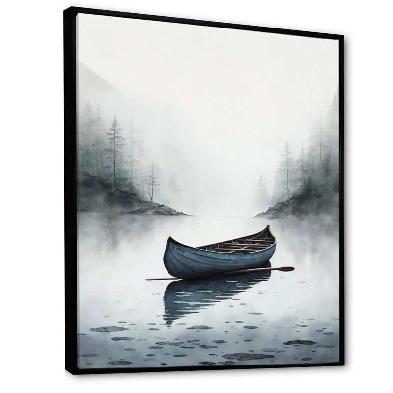 Canot sur le lac I - art mural grand bateau côtier, H 32 po x l 24 po, Cadre flottant noir