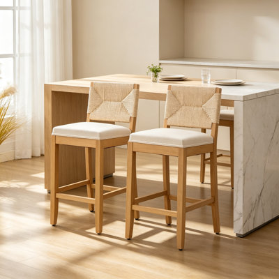 Solid Wood Rattan-Back Bar Stool  Set of 2