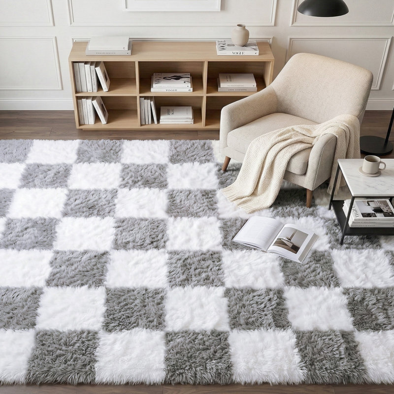 Plush Checkered Shag Area Rug - Soft Fluffy Grey & White Grid Fleece Carpet for Living Room, Bedroom, Dry-Clean Only, High-Pile Shaggy Rug with Modern Checkerboard Pattern, Cozy Non-Slip Floor Decor for Contemporary Home Spaces