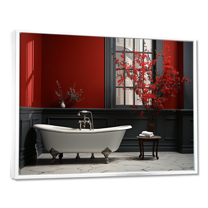 Rouge moderne, charme de salle de bain V - Art mural, H 24 po x l 32 po x P 1 po, Cadre flottant blanc